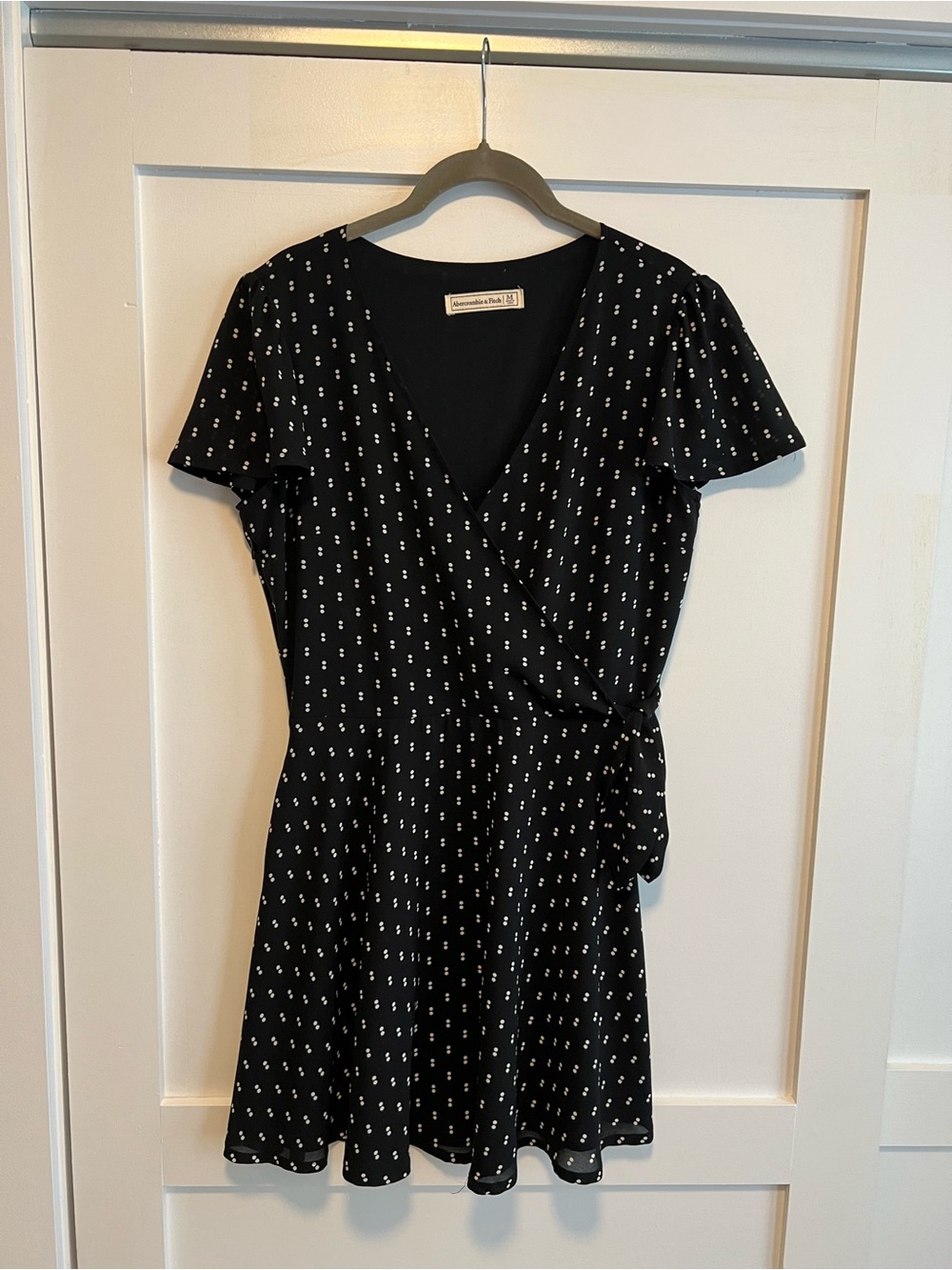 Abercrombie & Fitch Black Mini Wrap Dress with White Dot Print